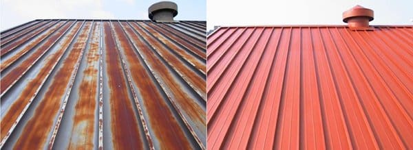 A close up of two different colored metal roofs